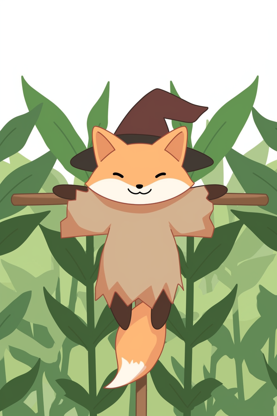 halloween cute animals drawings 2: An adorable illustration featuring a fox dressed as a scarecrow amidst a lush cornfield.